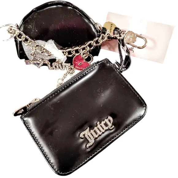 💎JuicyCouture*(2)*SET BLACK Coin Holder w/Gold Chain/Charms/Rhinestone WALLET❤️ - Picture 3 of 8